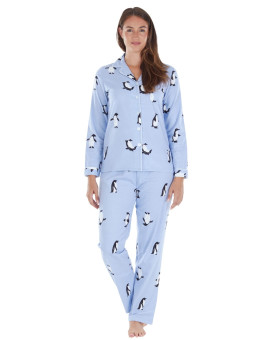 Pajamamania Womens Cotton Flannel Long Sleeve Button-Down Pajamas Pj Set, Periwinkle Penguins, Small,