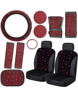 13 Pack Bling Car Seat Covers Set Car Diamond Accessories Rhinestone Crystal Steering Wheel Cover, Bling Velvet Breathable Seat Cover, Glitter Center Console Pad Universal Car Interior (Red)