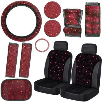 13 Pack Bling Car Seat Covers Set Car Diamond Accessories Rhinestone Crystal Steering Wheel Cover, Bling Velvet Breathable Seat Cover, Glitter Center Console Pad Universal Car Interior (Red)