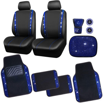 Car Pass Bling Rhinestone Diamonds Car Seat Covers Leathershining Diamond Car Floor Mats Carpet With Anti-Slip Nibsbling Car Accessories Sets(Blue Glitter Crystal Diamond Combo Set)