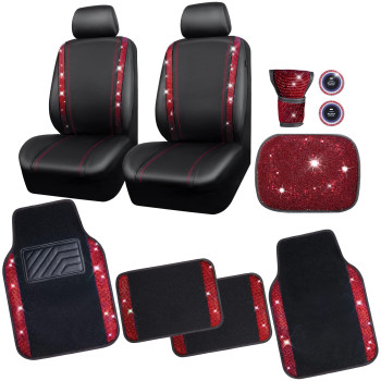 Car Pass Bling Rhinestone Diamonds Car Seat Covers Leathershining Diamond Car Floor Mats Carpet With Anti-Slip Nibsbling Car Accessories Sets(Red Glitter Crystal Diamond Combo Set)