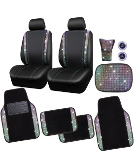 Car Pass Bling Rhinestone Diamonds Car Seat Covers Leathershining Diamond Car Floor Mats Carpet With Anti-Slip Nibsbling Car Accessories Sets(Multicolor Glitter Crystal Diamond Combo Set)