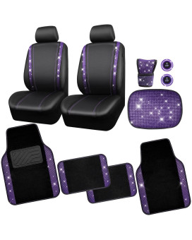 Car Pass Bling Rhinestone Diamonds Car Seat Covers Leathershining Diamond Car Floor Mats Carpet With Anti-Slip Nibsbling Car Accessories Sets(Black Purple Glitter Crystal Diamond Combo Set)