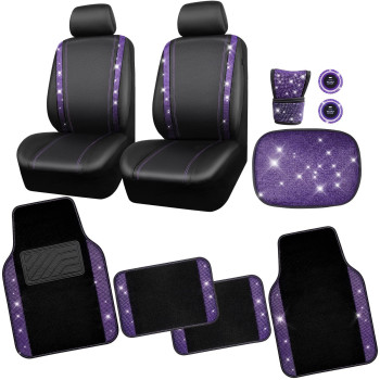 Car Pass Bling Rhinestone Diamonds Car Seat Covers Leathershining Diamond Car Floor Mats Carpet With Anti-Slip Nibsbling Car Accessories Sets(Black Purple Glitter Crystal Diamond Combo Set)