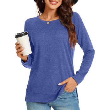 Taohuadao Womens 2023 Fall Casual Long Sleeve T-Shirt Side Split Tunic Tops For Leggings Loose Crewneck Sweater Large, Royal Blue