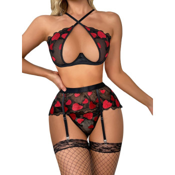 Wdirara Womens Sexy Lingerie For Women Lips Print Criss Cross Lace Mesh Cut Out Garter Belt Lingerie Set With Stocking Strawberry Black Red L