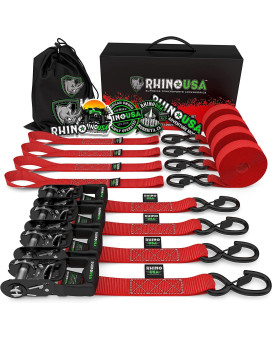 Rhino Usa Ratchet Straps Tie Down Kit, 5,208 Break Strength - Includes (4) Heavy Duty Rachet Tiedowns With Padded Handles & Coated Chromoly S Hooks + (4) Soft Loop Tie-Downs