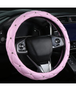 Kafeek Diamond Soft Leather Steering Wheel Cover With Bling Bling Crystal Rhinestones, Universal 15 Inch, Light Pink