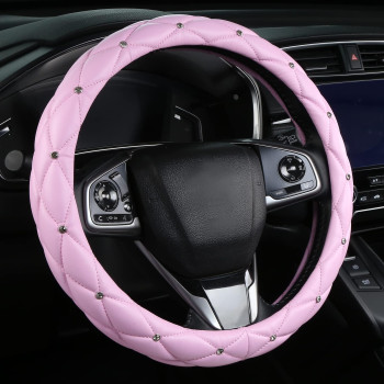 Kafeek Diamond Soft Leather Steering Wheel Cover With Bling Bling Crystal Rhinestones, Universal 15 Inch, Light Pink