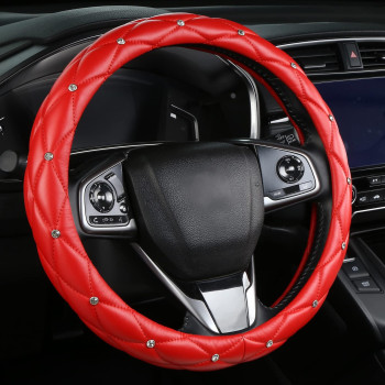 Kafeek Diamond Soft Leather Steering Wheel Cover With Bling Bling Crystal Rhinestones, Universal 15 Inch, Red