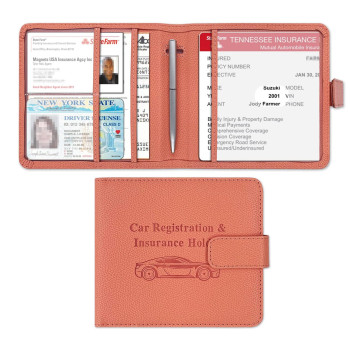 Yaviv Car Registration And Insurance Holder, Premium Leather Car Document Organizer Cool Car Accessories For Cards, Essential Document And Driver License, Pink