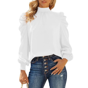 Dokotoo Womens Ladies Elegant Puff Long Sleeve High Neck Spring Summer Tops Turtleneck Chiffon Solid Pullover Tops And Blouses For Women 2023 Casual Loose Shirts White Small