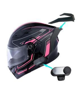 1Storm Motorcycle Modular Full Face Flip Up Dual Visor Helmet + Spoiler + Motorcycle Bluetooth Headset: Hb89 Arrow Pink