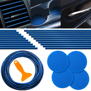 Tallew 25 Pack Interior Car Accessories, 32 Feet Car Interior Moulding Trim, 20 Car Vent Trim Strips And 4 Car Cup Holder Decorative Filler Insert Strip Auto Non Slip Insert With Scraper (Blue)