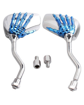 Pairs Of Distinctive Skull Skeleton Hand 8Mm 10Mm Rearview Side Mirror For Motorcycle Scooter Moped Bike Standard Bike (Blue)