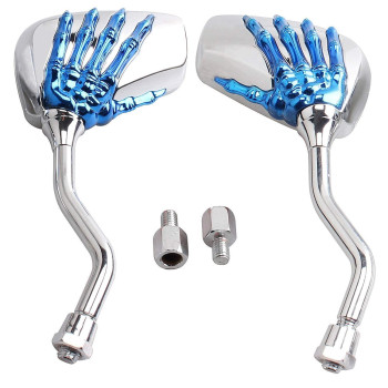 Pairs Of Distinctive Skull Skeleton Hand 8Mm 10Mm Rearview Side Mirror For Motorcycle Scooter Moped Bike Standard Bike (Blue)