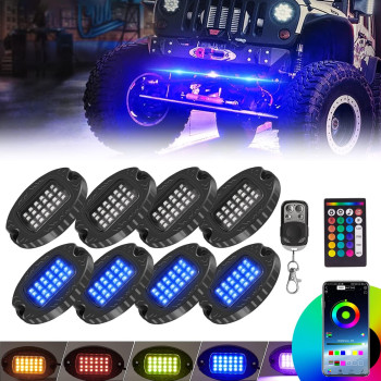 Rgb Led Rock Lights 8Pods Multicolor Underglow Neon Lights Waterproof Aluminum Rock Light For Jeep Car Truck With App Control Music Chasing Mode For Offroad Utv Atv Suv Boats With Dual Zone Brake Warn