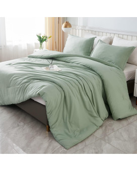 Litanika King Size Comforter Set Sage Green, 3 Pieces Boho Bed Lightweight Summer Solid Bedding Comforters Sets, All Season Fluffy Bed Set (104X90In Comforter 2 Pillowcases)