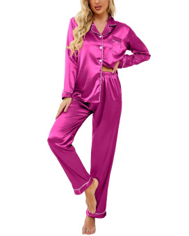 Ekouaer Satin Silk Pj Set Womens Satin Pjs Classic Notch Collar Pajamas Long Sleeve Sleepwear Set(Rose,Large)