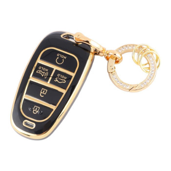 Carfib Key Fob Cover For Hyundai Accessories Santa Cruz Fe Sonata Tucson 2023 2022 2021 2020 Key Case Holder Car Remote Key Chain Ring Women Tpu Black Gold