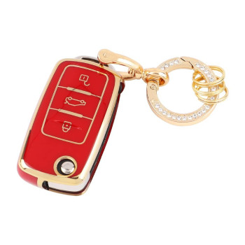 Carfib Key Fob Cover For Vw Volkswagen Accessories Beetle Eos Golf Gti Polo Mk5 Santana Tiguan Scirocco Touran Skoda 2019 2018 2017 2016 Key Case Holder Car Insert Key Chain Ring Women Tpu Red Gold