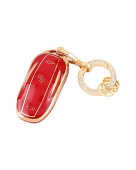 Carfib Key Fob Cover For Tesla Accessories Model 3 S Y 2022 2021 2020 2019 2018 Key Case Holder Car Remote Key Chain Ring Women Tpu Red Gold