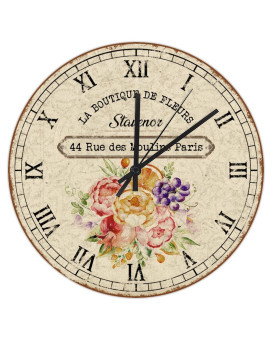 French Vintage Flower Hanging Clock 10In Shabby Chic Rose Wooden Wall Clock No Ticking Sound Battery Operated Coastal Style Housewarming Gift Nature Wall Decor For Home Kitchen Living Room Farmhouse