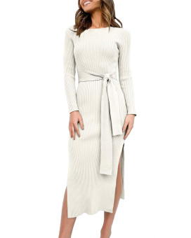 Anrabess Womens 2023 Elegant Sweater Dress Long Sleeve Crewneck Tie Waist Slim Fit Knit Slit Midi Dress 623Mibai-S White