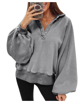 Yanekop Womens Oversized Sweatshirt Lantern Sleeve Henley Shirts V Neck Button Down Pullover(05 Light Grey,L)