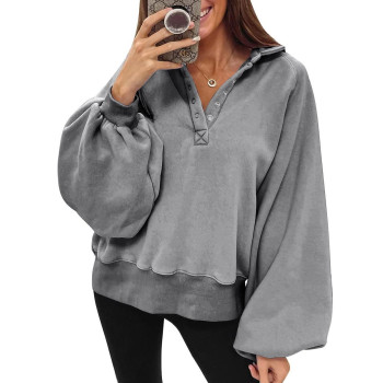 Yanekop Womens Oversized Sweatshirt Lantern Sleeve Henley Shirts V Neck Button Down Pullover(05 Light Grey,L)