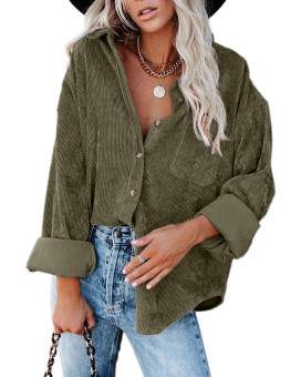 Chyrii Womens Corduroy Shirts Casual Oversized Button Down Shacket Long Sleeve Blouses Tops With Pocket Army Green Xl