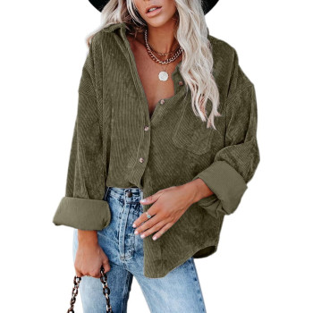 Chyrii Womens Corduroy Shirts Casual Oversized Button Down Shacket Long Sleeve Blouses Tops With Pocket Army Green Xl