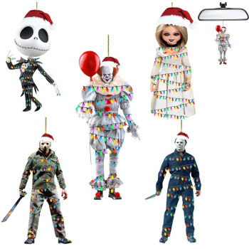 5Pcs Classic Horror Characters Car Air Fresheners Incense Chips Black Ice And Candy Scented Ornament Halloween Ornament Car Rearview Mirror Pendant Hanging Christmas Tree Decor Or Birthday Party (5Pcs-A)