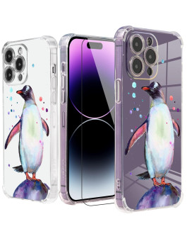 Roemary Penguin Case For Iphone 14 With Rainbow Sea Design,Watercolor Pattern With Screen Protector Buffertech 66 Ft Drop Impact] Soft Tpu Protective Case For Iphone 14 61 Inch