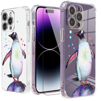 Roemary Penguin Case For Iphone 14 With Rainbow Sea Design,Watercolor Pattern With Screen Protector Buffertech 66 Ft Drop Impact] Soft Tpu Protective Case For Iphone 14 61 Inch