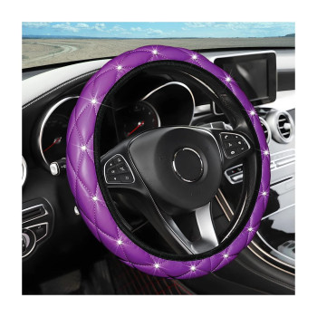 Diamond Soft Leather Steering Wheel Cover, 15 Inch Bling Elastic Steering Wheel Protector With Sparkly Crystal Rhinestones, Auto Accessories Universal For Suv, Truck, Van, Car (Purple)