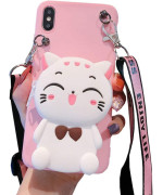 Sgvahy Wallet Case For Iphone 14 Case With Lanyard Crossbody Zipper Cat Cute Cartoon Phone Case 3D Kawaii Iphone Case Soft Silicone Shockproof Cover Protective Case For Womens Girls (White)