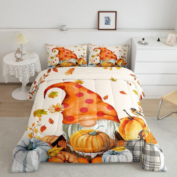 Erosebridal Fall Thanksgiving Bedding Set Gnome Pumpkin Comforter Set Twin Size, Maple Leaves Farm Harvest Quilt Autumn Theme Oil Painting Comforter For Kids Boys Girls Teens Bedroom Decor