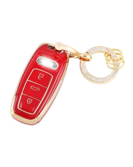 Carfib For Audi Key Fob Cover Accessories Bling A3 A6 A7 A8 E-Atron Q7 Q8 Rs 6 Rs 7 S6 S7 Sq7 S8 2020 2021 2022 Key Case Holder Car Remote Key Chain Ring Women Men Tpu Red Gold