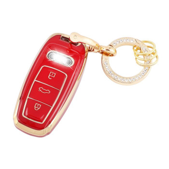 Carfib For Audi Key Fob Cover Accessories Bling A3 A6 A7 A8 E-Atron Q7 Q8 Rs 6 Rs 7 S6 S7 Sq7 S8 2020 2021 2022 Key Case Holder Car Remote Key Chain Ring Women Men Tpu Red Gold