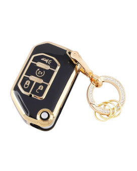 Carfib For Jeep Key Fob Cover Accessories Bling Gladiator Wrangler 2018 2019 2020 2021 2022 Key Case Holder Car Remote Key Chain Ring Women Men Tpu Black Gold