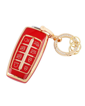 Carfib For Genesis Key Fob Cover Accessories Bling Gv70 Gv80 2021 2022 2023 Key Case Holder Car Remote Key Chain Ring Women Men Tpu Red Gold