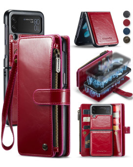 Caseme For Samsung Galaxy Z Flip 4 5G Case Wallet Case Cover For Women Men Durable 2 In 1 Detachable Premium Leather With 10 Card Holder Magnetic Zipper Pouch Flip Lanyard Strap Wristlet Luxury Red