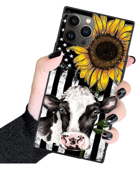 Designer Luxury Iphone 14 Pro Case For Women,Square Classic Checkered Style,Hard Pc+Soft Silicone Case Is Shock-Proof And Skid-Proof For Protective Case-Cow Print Sunflower