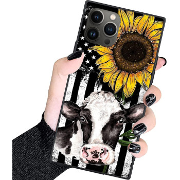 Designer Luxury Iphone 14 Pro Case For Women,Square Classic Checkered Style,Hard Pc+Soft Silicone Case Is Shock-Proof And Skid-Proof For Protective Case-Cow Print Sunflower