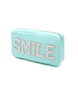 Yogorun Medium Glitter Letters Patches Pouch For Purse Makeup Pouch Travel Cosmetic Pouch Makeup Bag Cosmetic Bag For Womenmen (M, Mint-Smile)