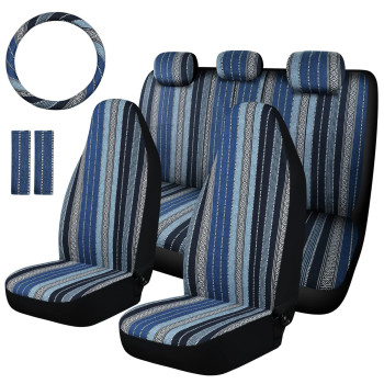 Akauto Baja Saddle Blanket Car Seat Covers Full Set With Seat Belt Pads And Steering Wheel Cover, Universal Colorful Striped Woven Interior Cover For Sedan, Suv, Truck, Airbag Compatible