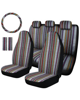 Akauto Baja Saddle Blanket Car Seat Covers Full Set With Seat Belt Pads And Steering Wheel Cover, Universal Colorful Striped Woven Interior Cover For Sedan, Suv, Truck, Airbag Compatible