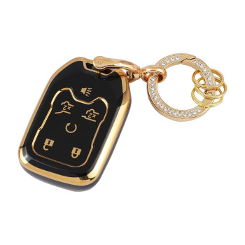 Carfib For Gmc Key Fob Cover Accessories Bling Yukon Slt Denali Yukon Xl 1500 Slt 2020 2019 2018 2017 Key Case Holder Car Remote Key Chain Ring Women Men Tpu Black Gold