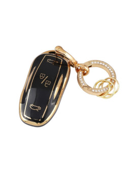 Carfib Key Fob Cover For Tesla Accessories Model 3 S Y 2022 2021 2020 2019 2018 Key Case Holder Car Remote Key Chain Ring Women Tpu Black Gold